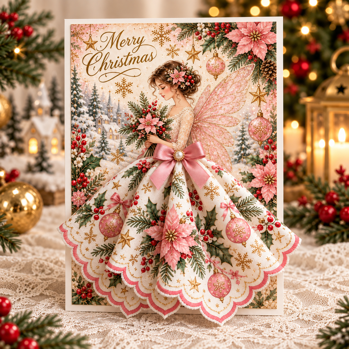 3D Christmas Angel Greeting Card, Pink