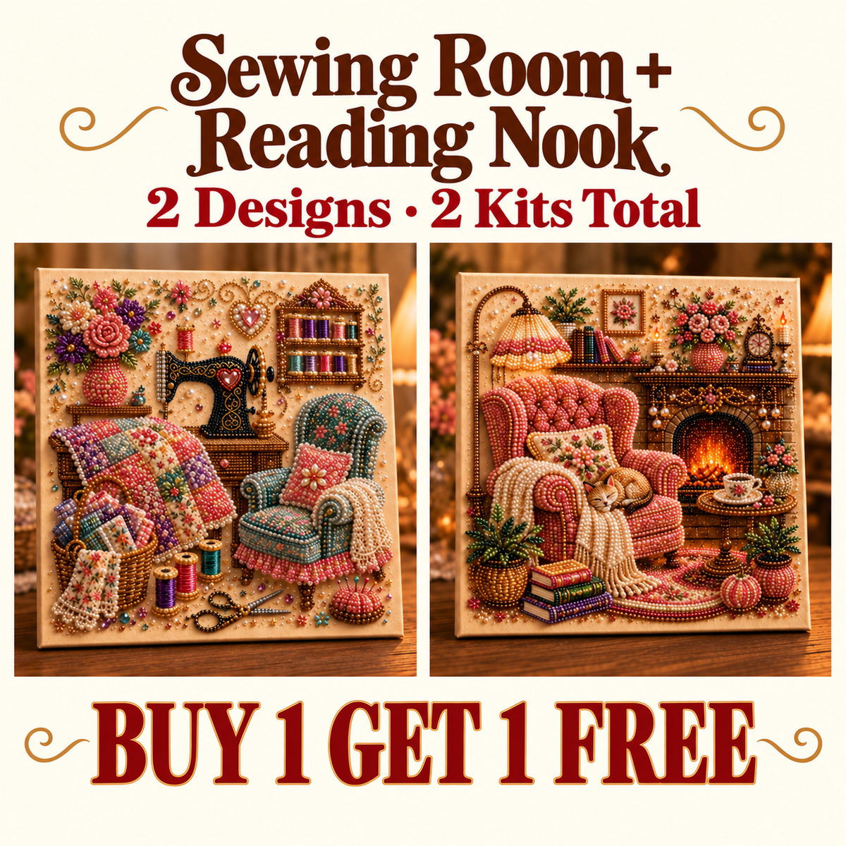 Cozy Sewing Room and Fireside Reading Nook: two different canvas kits, one of each, no frames