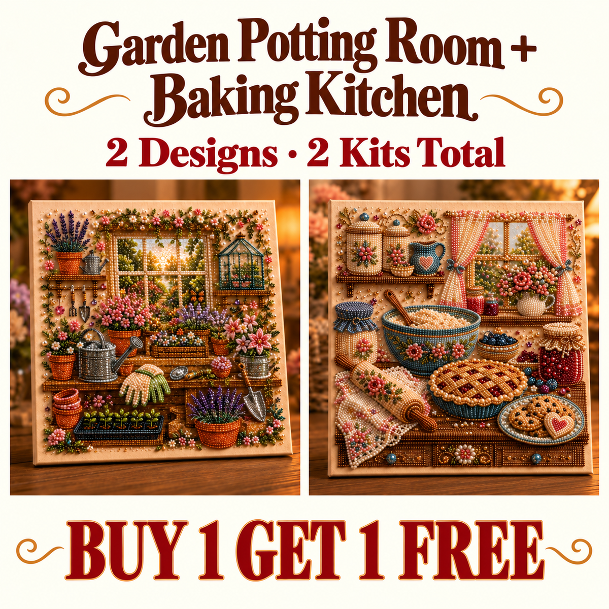 Garden Potting Room and Country Baking Kitchen: two different canvas kits, one of each, no frames