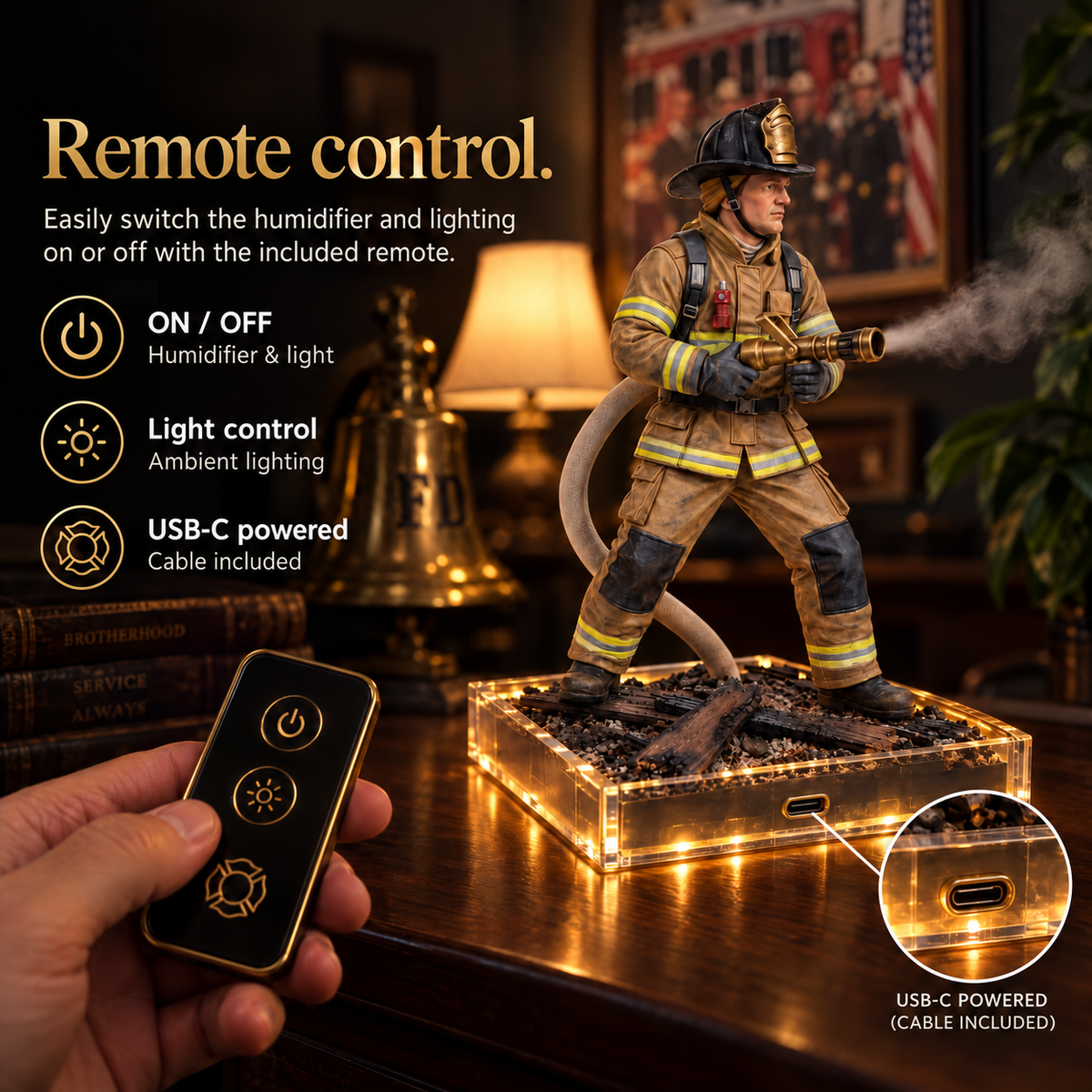 🚒 The Hero's Stand: Detailed Firefighter Aroma Diffuser & Humidifier | Remote Control & LED Base ✨