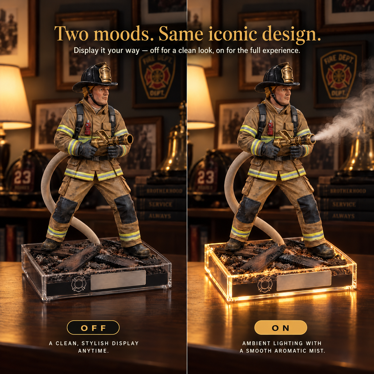 🚒 The Hero's Stand: Detailed Firefighter Aroma Diffuser & Humidifier | Remote Control & LED Base ✨
