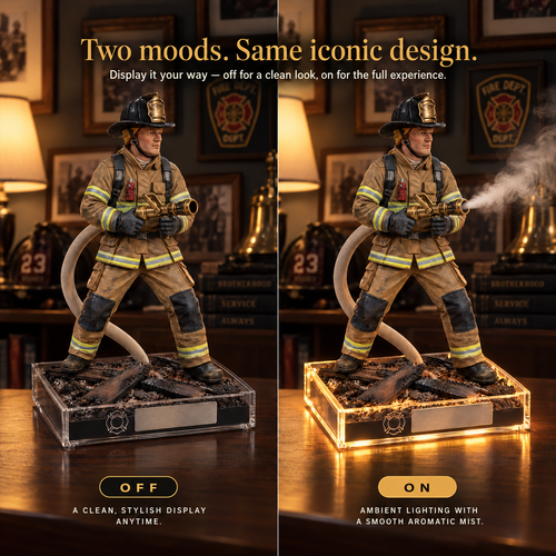 🚒 The Hero's Stand: Detailed Firefighter Aroma Diffuser & Humidifier | Remote Control & LED Base ✨