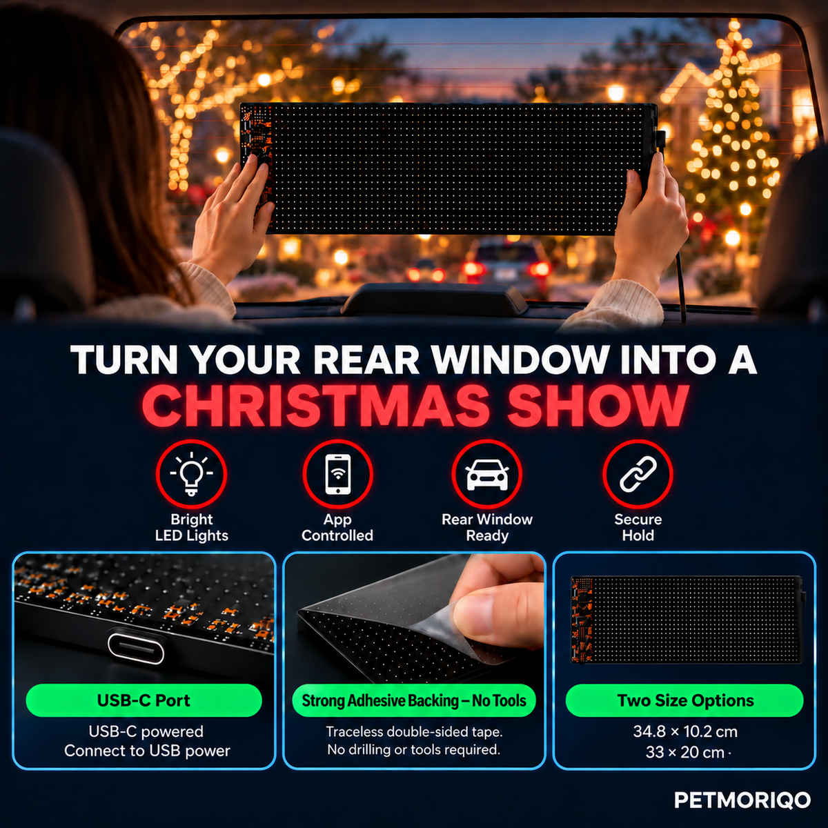 PETMORIQO Car Window LED Display USB-C power and size options