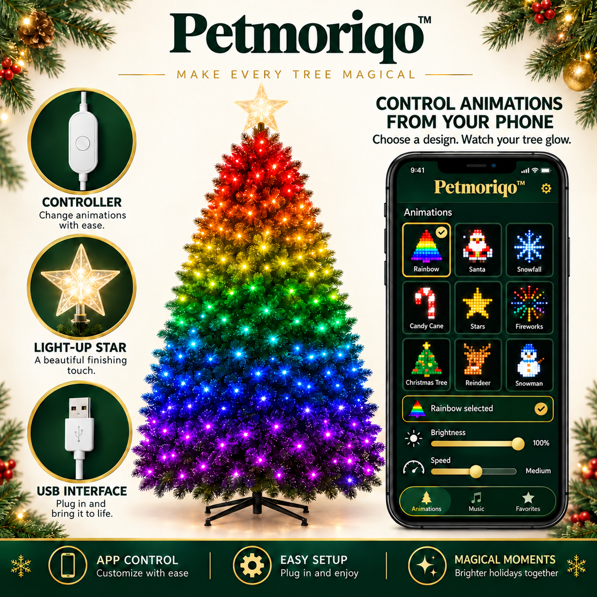 Petmoriqo™ Smart RGBIC Christmas Tree Lights – USB, image 1