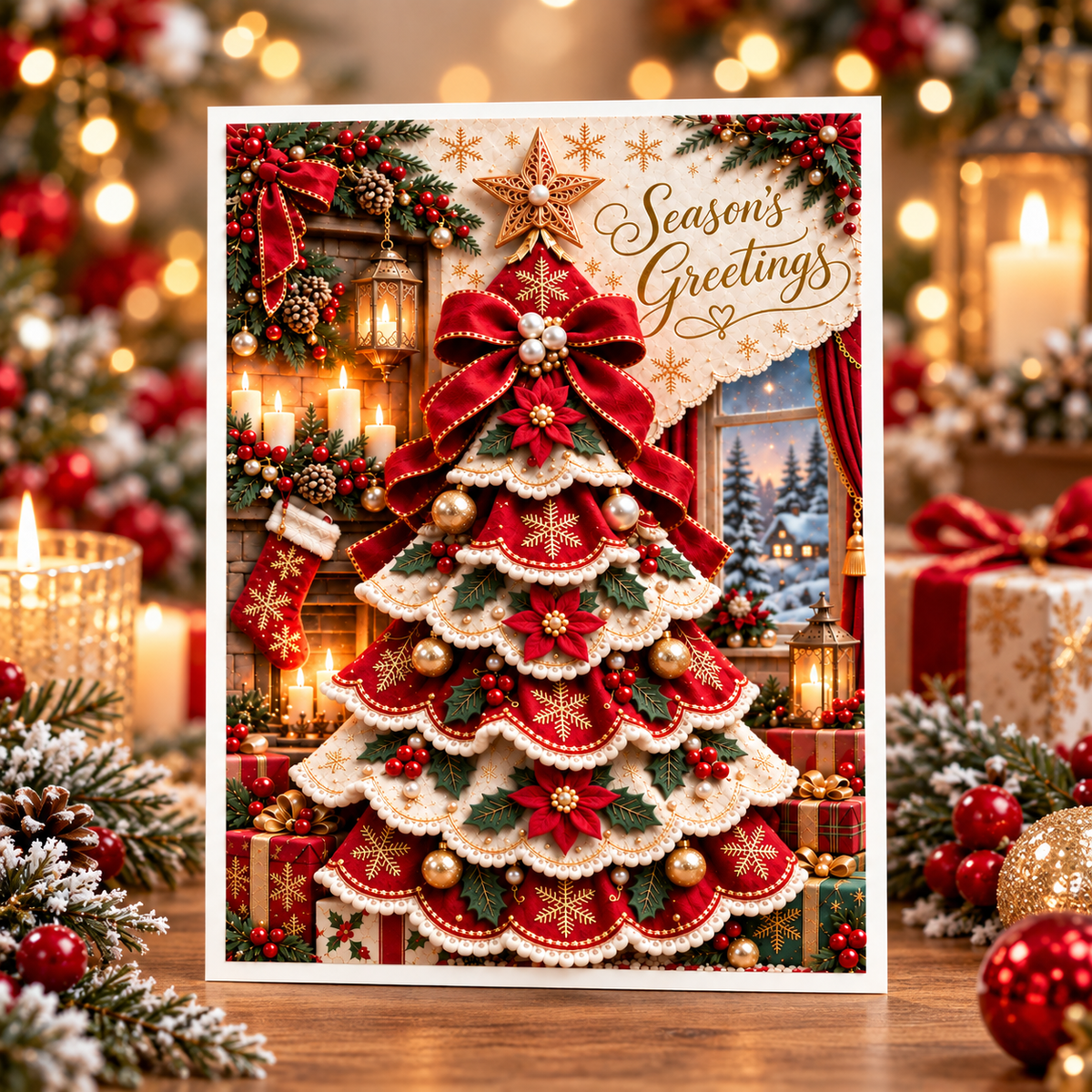 3D Christmas Tree Greeting Card, Red, front