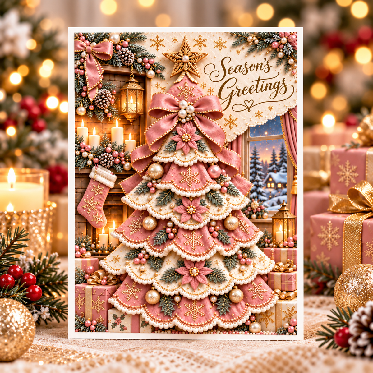 3D Christmas Tree Greeting Card, Pink front