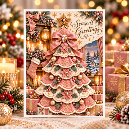 3D Christmas Tree Greeting Card, Pink front