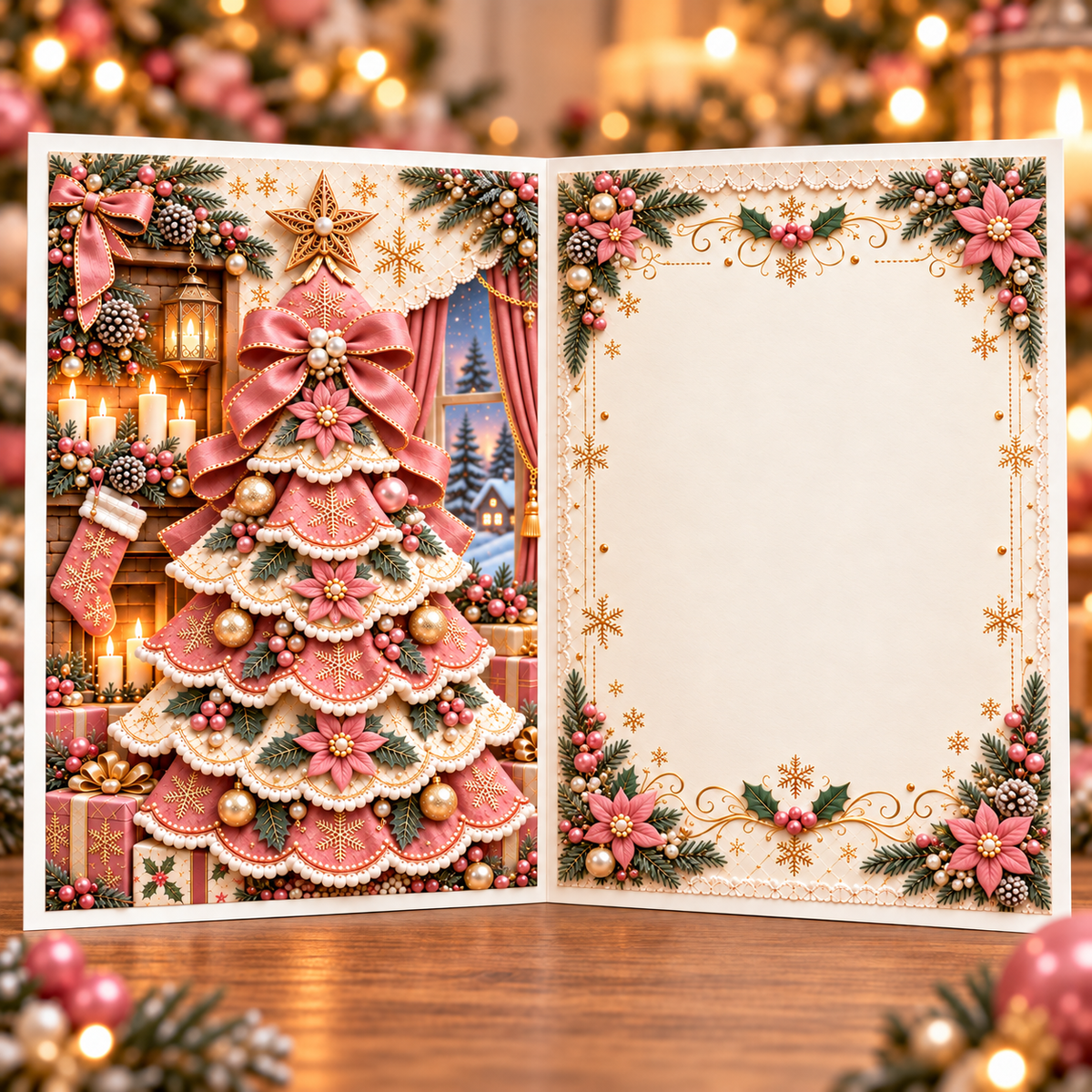 3D Christmas Tree Greeting Card, Pink inside